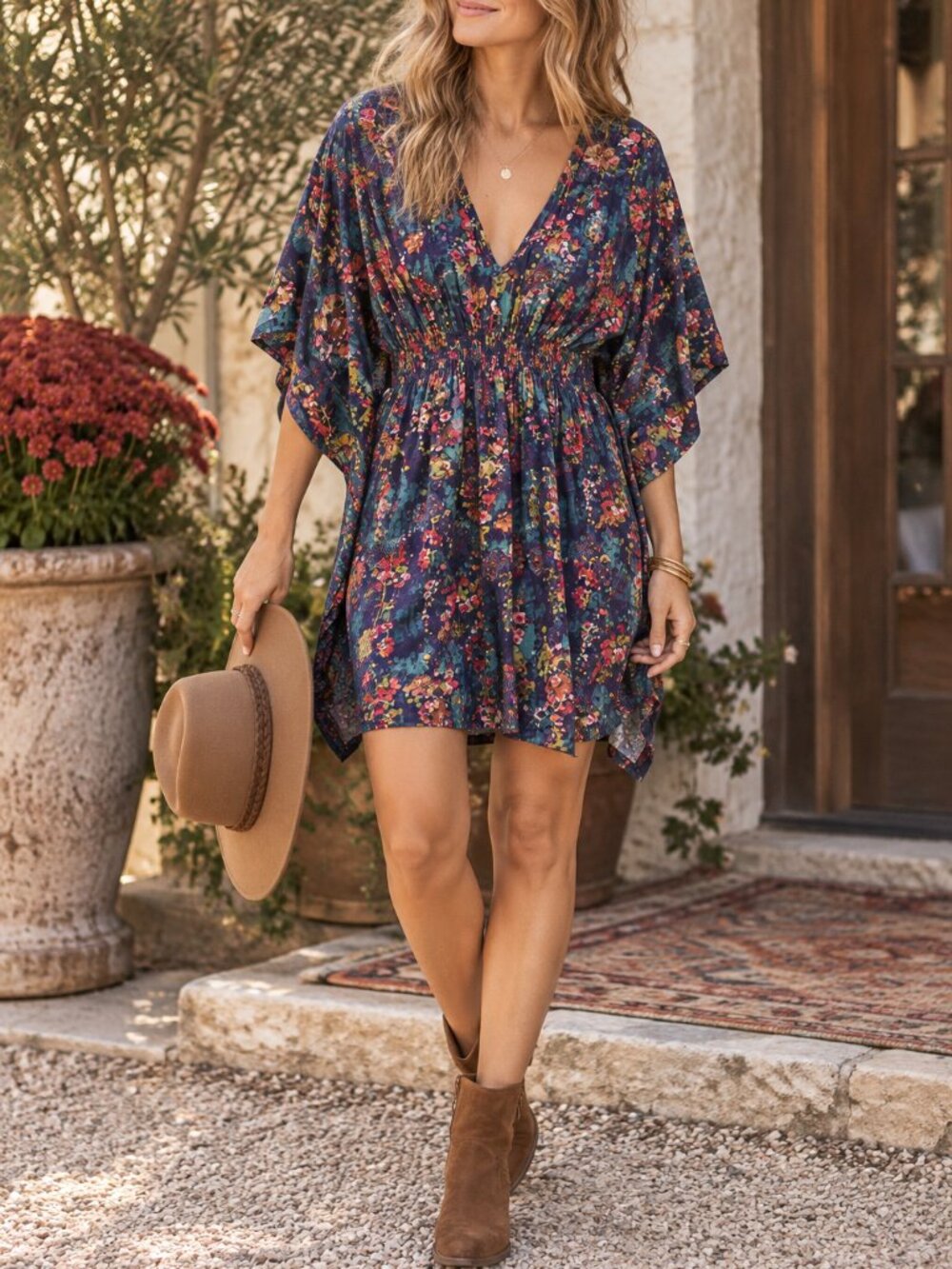Natural Life Sanibel Kaftan Mini Dress Watercolor Indigo Floral M